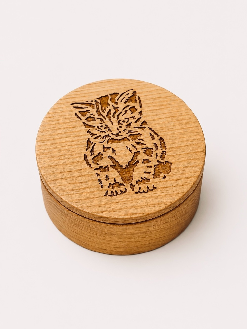 NEW Small Handcrafted Wooden Jewelry Box Circle Cat Kitten Trinket Box Jewelry